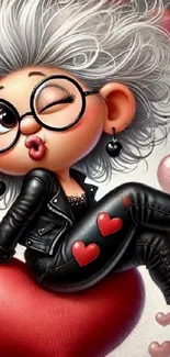 Cute cartoon character sitting on a heart with a playful wink.