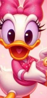 Cheerful pink cartoon duck holding a gift with pink heart background.