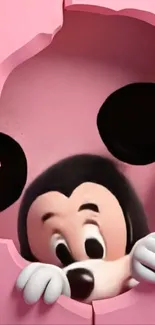 Cartoon character peeking through a pink wall