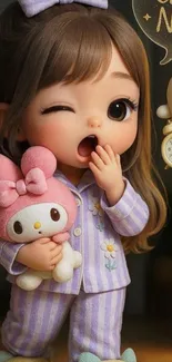 Adorable cartoon character in pajamas holding a stuffed toy with a playful expression.