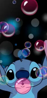 Cute blue cartoon character with bubbles on a dark background.