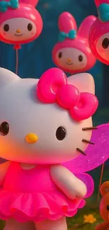 Cute cartoon character with pink decorations and balloons in a whimsical setting.