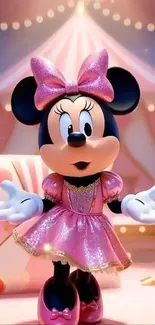 Cute cartoon character in a pink dress with a bow.
