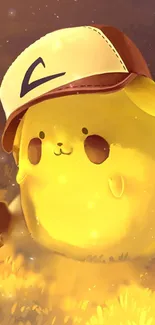 Cute yellow cartoon character wearing a hat, glowing warmly.