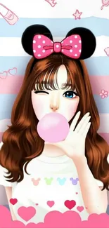 Cute cartoon girl with bubblegum on striped background.