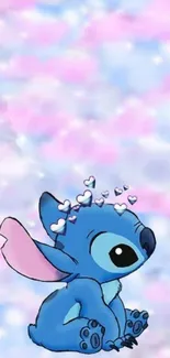 Cute cartoon character with blue and pink pastel background and hearts