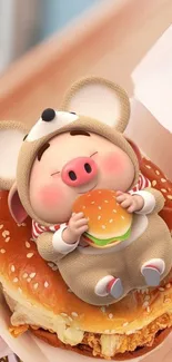 Cute cartoon character in mouse costume holding a burger on a mobile wallpaper.