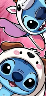 Cartoon characters dressed in animal costumes on a pink background.