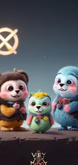 Three cute cartoon characters with a fantasy background.