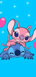 Cute pink and blue cartoon characters with hearts on a blue background.