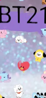 BT21 cartoon characters on a colorful purple background