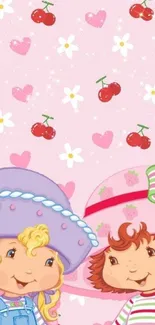 Cute cartoon wallpaper with cherries on a pink background.