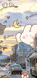 Cute cartoon cityscape wallpaper with adorable characters and pastel colors.