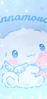 Cute cloud cartoon wallpaper with a character and pastel colors.