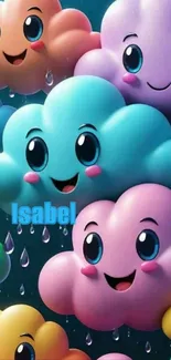 Cute cartoon clouds with smiling faces and raindrops.