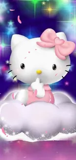 Cute cartoon character sitting on a fluffy cloud against a starry purple background.