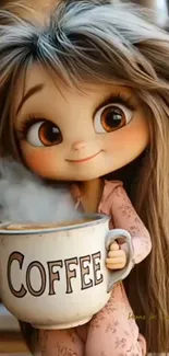 Cute cartoon character with coffee mug.