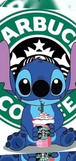 Cute blue cartoon character with a coffee cup against a green background.