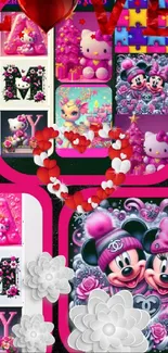 Cute cartoon collage wallpaper with pink theme.