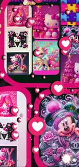 A cute cartoon collage wallpaper with pink hearts and iconic characters.