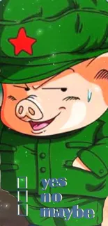 Cartoon pig in green commander uniform with a playful expression.