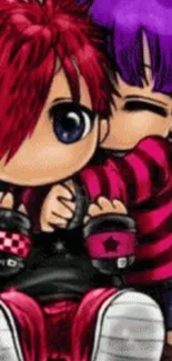 Cartoon couple embracing in vibrant colors of red and purple.