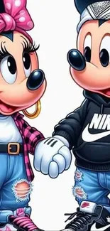 Cute cartoon couple holding hands in stylish outfits.