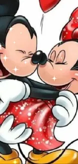 Cartoon couple hugging with sparkles and hearts in cute mobile wallpaper.