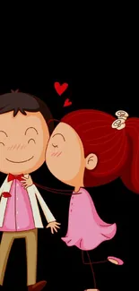 Cartoon couple in love with pink dress on black background.