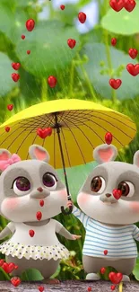Cute cartoon animals under a yellow umbrella with red hearts