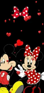 Cute cartoon couple with red accents on black background.