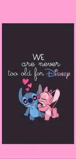 Cute cartoon couple with Disney text and pink background.