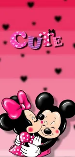 Adorable cartoon couple with pink hearts background on mobile wallpaper.