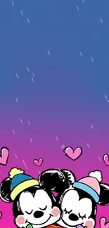 Cartoon couple with hearts on blue pink gradient background.