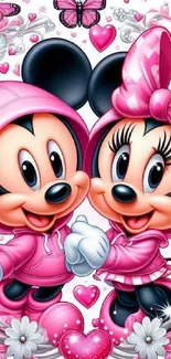 Cute cartoon couple with pink hoodies, hearts, and butterflies wallpaper.