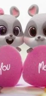 Cute cartoon couple with hearts saying 'You' and 'Me'.