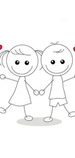 Cute cartoon couple with red hearts and white background mobile wallpaper.