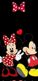 Adorable cartoon couple on black wallpaper with heart accents.