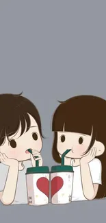 Cute cartoon couple sharing drinks in a sweet illustration wallpaper.