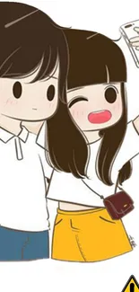 Cartoon couple taking a selfie in a playful and cute illustration.