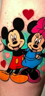 Cartoon couple tattoo with hearts and vibrant colors, perfect for a cute wallpaper.