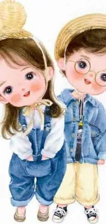 Cute cartoon couple with big eyes and denim outfits.