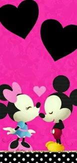 Cute cartoon couple on pink background with hearts.