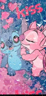 Cute cartoon characters sharing a kiss in a vibrant pink and blue wallpaper.