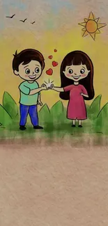 Cartoon couple holding hands on beige background with sun and green leaves.