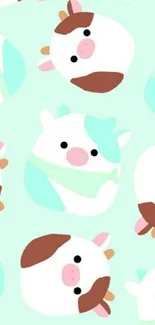 Cute cartoon cow pattern with pastel mint background.