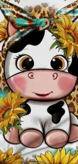 Cute cartoon cow with sunflowers and leopard background.