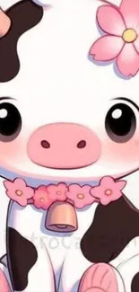 Adorable cartoon cow with pink flower accents.