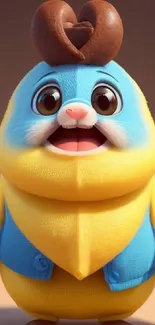 Adorable cartoon creature with blue and yellow tones, brown heart-shaped top.