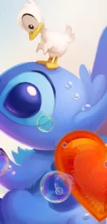 Cute blue cartoon creature with a duck and heart on a mobile wallpaper.